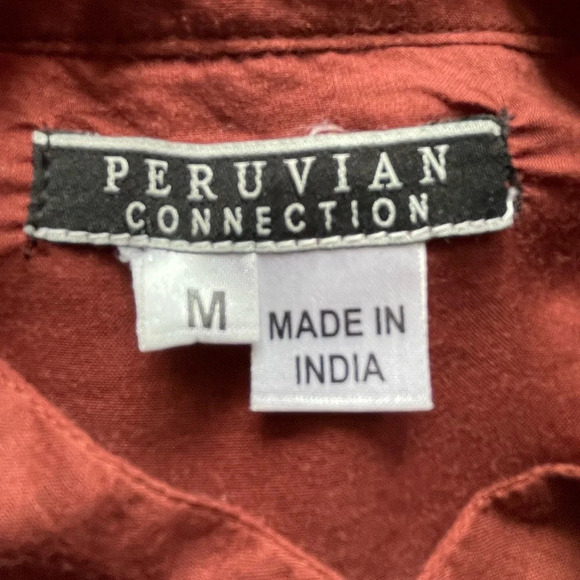 Peruvian Connection Lightweight Brown Blouse Top Roll Tab Sleeves Pockets Size M - Picture 9 of 10